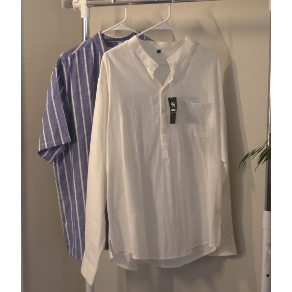 Lot 2 Mens URRU Linen Shirt Bundle White Long Sleeve & Blue Striped Henley L XXL
